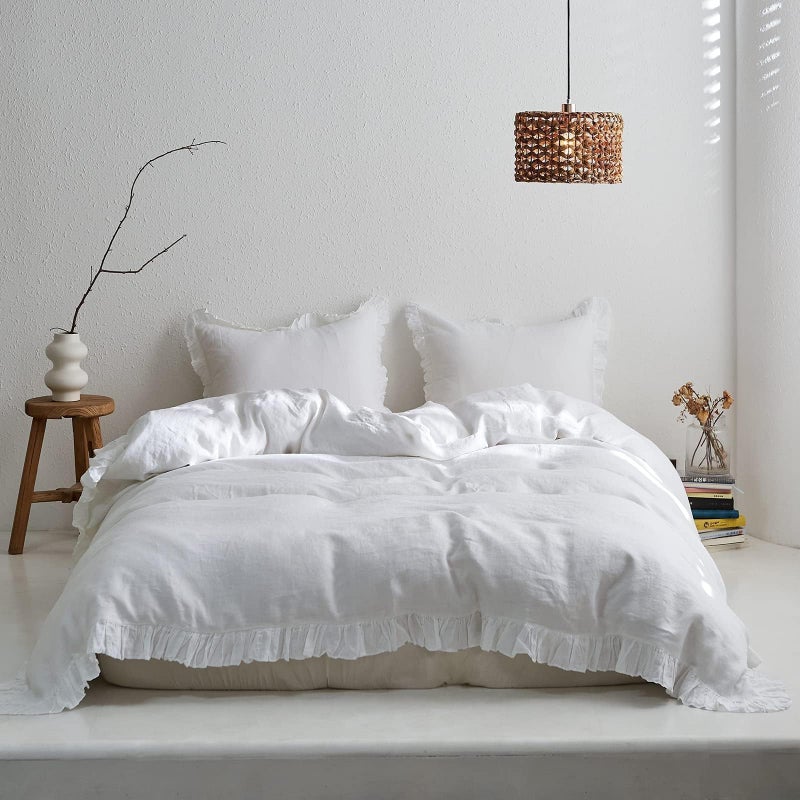 Simple&Opulence 100% Linen Duvet Cover Set, Natural French Flax White Ruffle Duvet Cover Twin Size, Breathable Comfy Linen Bedding Comforter Cover with 1 Pillowcase (White, 68" x 86") - Image 1